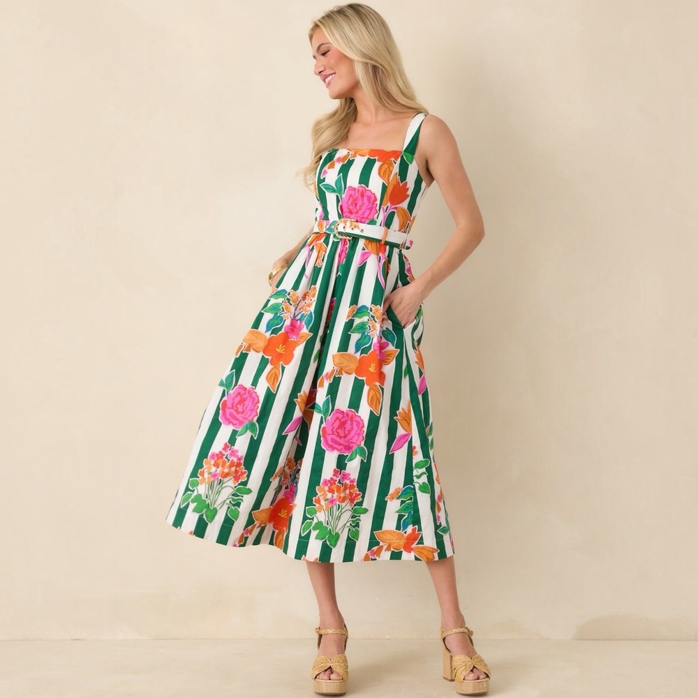PROSPERINA HAMPTON GREEN MULTI FLORAL STRIPE COTTON MIDI DRESS SZ XS NWOT